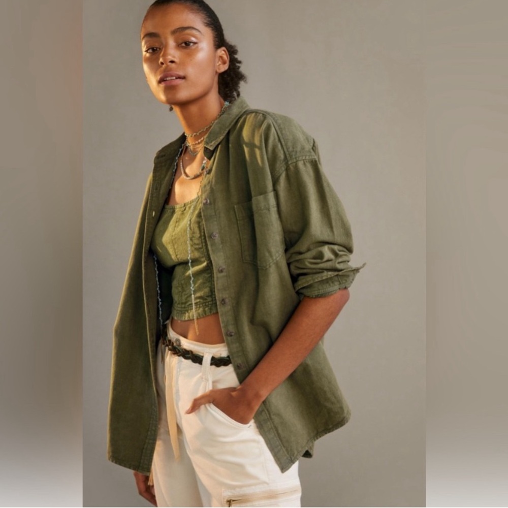 Anthropologie Pilcro Oxford Collar Tunic Button down Cotton Linen Size Medium